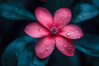 Pink tropical flower with water drops on petals against dark teal foliage background, creating dramatic natural macro photography composition.
