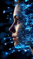 Profile view of face dissolving into glowing blue circuit patterns and particles against dark background, representing artificial intelligence and digital transformation.