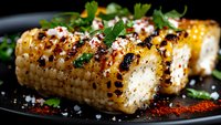 Grilled corn on black plate with chili powder, cotija cheese and fresh cilantro garnish. Charred Mexican street food style corn showing grill marks and seasoning.