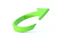Bright green curved arrow pointing right and upward on white background, isolated glossy directional symbol for business presentations and graphic design.