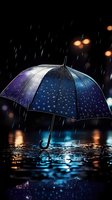 Umbrella in rain at night with water reflections and bokeh lights creating magical atmosphere. Purple and blue colors blend on wet surface with falling drops.