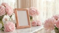 Rose gold picture frame mockup surrounded by soft pink peonies on white marble surface with natural window light for wedding photography displays.