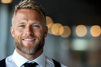 Confident mature Caucasian businessman with styled blonde hair and neat beard smiling warmly at camera. Professional corporate portrait with soft bokeh background.