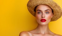 Young woman with bright red lipstick wearing straw hat against vibrant yellow background, creating bold summer fashion contrast for beauty and lifestyle advertising.
