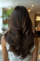 Back view of woman with long layered brown hair showing voluminous styling and highlights in modern salon setting with warm lighting atmosphere.
