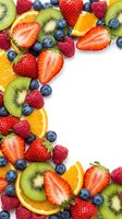 Fresh mixed berries and fruit slices on white background with copy space. Colorful assortment of strawberries, blueberries, raspberries, kiwi and orange.