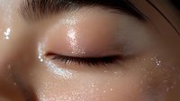 Close up macro shot of closed eye with glowing glitter and sparkles on eyelid and skin, showing natural beauty makeup artistry and skincare concept.
