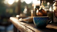 Teal ceramic cup with gold speckles on rustic wooden surface against blurred warm bokeh background, creating cozy atmosphere for coffee and tea moments.