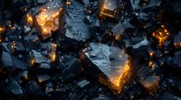 Dark geometric crystal formations with glowing orange light emanating from cracks, creating dramatic contrast against black mineral structures. Artistic abstract background.