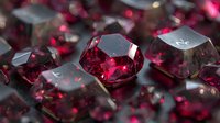 Sparkling ruby red gemstones with faceted cuts reflecting light, arranged in a luxurious collection for jewelry design or precious stone showcase.