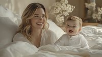 Young Caucasian mother and toddler son sharing joyful moment while lying in white bed, wearing matching white outfits, natural morning light creates cozy atmosphere.