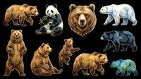Grizzly bear, panda, brown bear, polar bear, and black bear collection isolated on transparent background, ready for t-shirt design, clipart, stickers, print-on-demand products and sublimation projects.