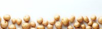 Fresh raw organic potatoes scattered on white background, forming decorative border at bottom. Clean farm vegetables ready for cooking or food design.