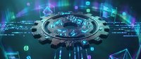 Futuristic gear with holographic data visualization and digital network connections, representing technology innovation, artificial intelligence, and system integration for tech industry applications.