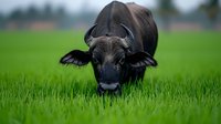 Close up portrait of dark water buffalo grazing in vibrant green grass field, looking directly at camera with distinctive horns and facial features. Agricultural scene.