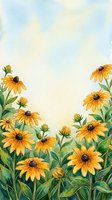 Watercolor yellow daisy flowers frame border with soft blue sky background for spring summer greeting cards and botanical design projects.