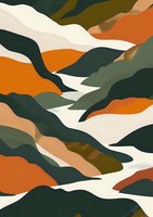 Abstract mountain landscape in earthy orange, deep green and cream tones featuring flowing organic shapes and curved lines creating a modern minimalist scenic view.
