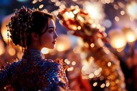 Young Asian woman in sequined dress with elegant updo hairstyle against blurred bokeh lights background at evening celebration or gala event. Side profile portrait.