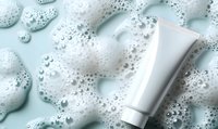 White cosmetic tube lying on foamy soapy surface with bubbles and water drops on light blue background, mockup for skincare product presentation.