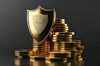 Golden shield emblem with stacks of gold coins on dark background, symbolizing financial security and wealth protection for business and investment concepts.
