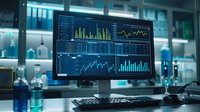 Financial data analytics dashboard on computer monitor displaying market trends, charts and graphs in modern laboratory environment with blue ambient lighting.