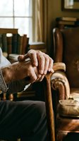 Senior man with weathered hands resting on wooden cane in warm library setting with leather furniture and books, conveying wisdom and contemplation for retirement and aging themes.