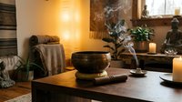 Cozy meditation space with burning incense, singing bowl, and candles creating peaceful ambiance for mindfulness practice and relaxation at home.