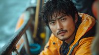 Young Asian man in bright orange winter jacket with messy wet hair and facial hair looking confidently at camera against blurred outdoor background. Adventurous lifestyle portrait.