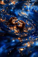 Two playful otters swimming in dark blue swirling water surrounded by glowing golden bokeh lights and sparkles creating magical atmosphere in nighttime scene.