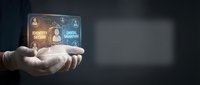 Identity secure digital signature technology displayed on holographic tablet held in hand against dark background.