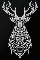 White tribal deer head pattern with ornate antlers and decorative swirls on black background, isolated design suitable for tattoo art and graphic projects.