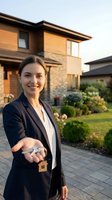 Professional female real estate agent holding house keys in front of luxury residential property offering new home ownership opportunity.