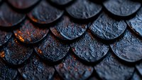 Dark dragon-like scales with water drops and orange glowing elements create mysterious fantasy pattern. Macro photography reveals detailed texture and reflective surface.