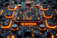 Futuristic circuit board with glowing orange elements and microchips, showcasing advanced technology for computing and electronics applications.