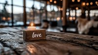 Young couple in modern loft apartment with rustic wooden block displaying love text, warm ambient lighting, and blurred bokeh background for romantic relationship concepts.