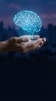 Human hands holding glowing digital brain with circuit board patterns against blurred city skyline at dusk for technology and innovation concepts.