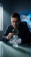 Middle-aged Caucasian businessman examining glowing digital cross circuit board with magnifying glass in modern office for technology analysis and research.