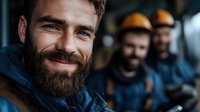 Smiling bearded Caucasian construction worker in blue uniform with team members in background. Close up portrait showing confidence and teamwork in industrial setting.