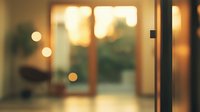 Blurred modern interior with glass door and warm bokeh lights creating cozy atmospheric mood during sunset, minimalist design space for business or home.