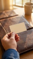 Hand holding blank white business card mockup on leather surface with warm sunlight and coffee cup for branding design presentation.