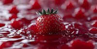Fresh ripe strawberry splashing into red juice with droplets creating dynamic ripple effect. Perfect for food advertising and packaging design.
