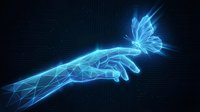 Digital hand reaching toward glowing butterfly with circuit patterns on dark tech background for futuristic design projects.