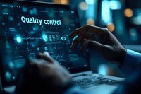 Professional working on laptop with futuristic quality control interface display in dark office environment with blue technology visualization screens.