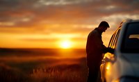 Silhouette of man standing by car during dramatic orange sunset over rural landscape, with tall grass in foreground creating moody atmospheric scene.