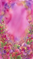 Vibrant watercolor floral border with gold accents in pink, purple, and green tones, featuring ornate blooms and swirling vines on a soft pink background.