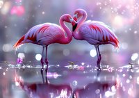Pink flamingos forming heart shape while standing in water with magical bokeh lights and lotus flowers creating romantic atmosphere and reflection on calm surface.