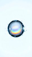 Iridescent soap bubble with rainbow light refraction and water droplets on white background, isolated for design use.