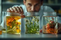Flowers preserved in glass jars with liquid solution, showing botanical preservation process. Male scientist examining specimens in laboratory setting.