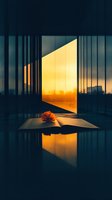 Open book with orange rose lying on reflective surface, dramatic golden sunset light streaming through modern architectural window, creating mirror effect in dark interior.