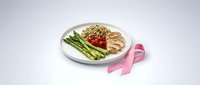 Grilled chicken breast with asparagus and quinoa on white plate, pink ribbon symbolizing health awareness and nutrition support for wellness campaigns.